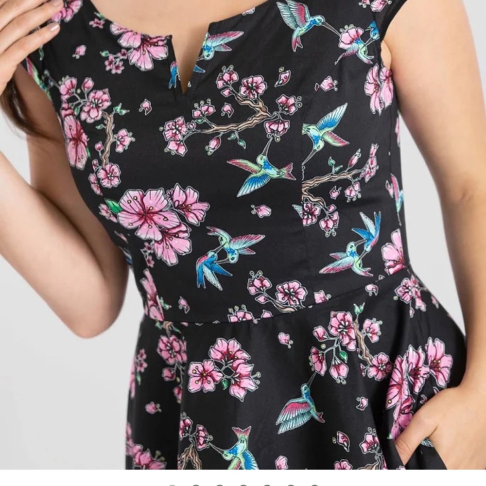 Hell Bunny Black Dress with Pink Floral and Blue Bird Design